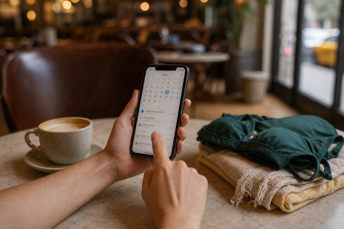 Traveller checking a phone calendar reminder in a Budapest cafe the day before a booked thermal bath visit
