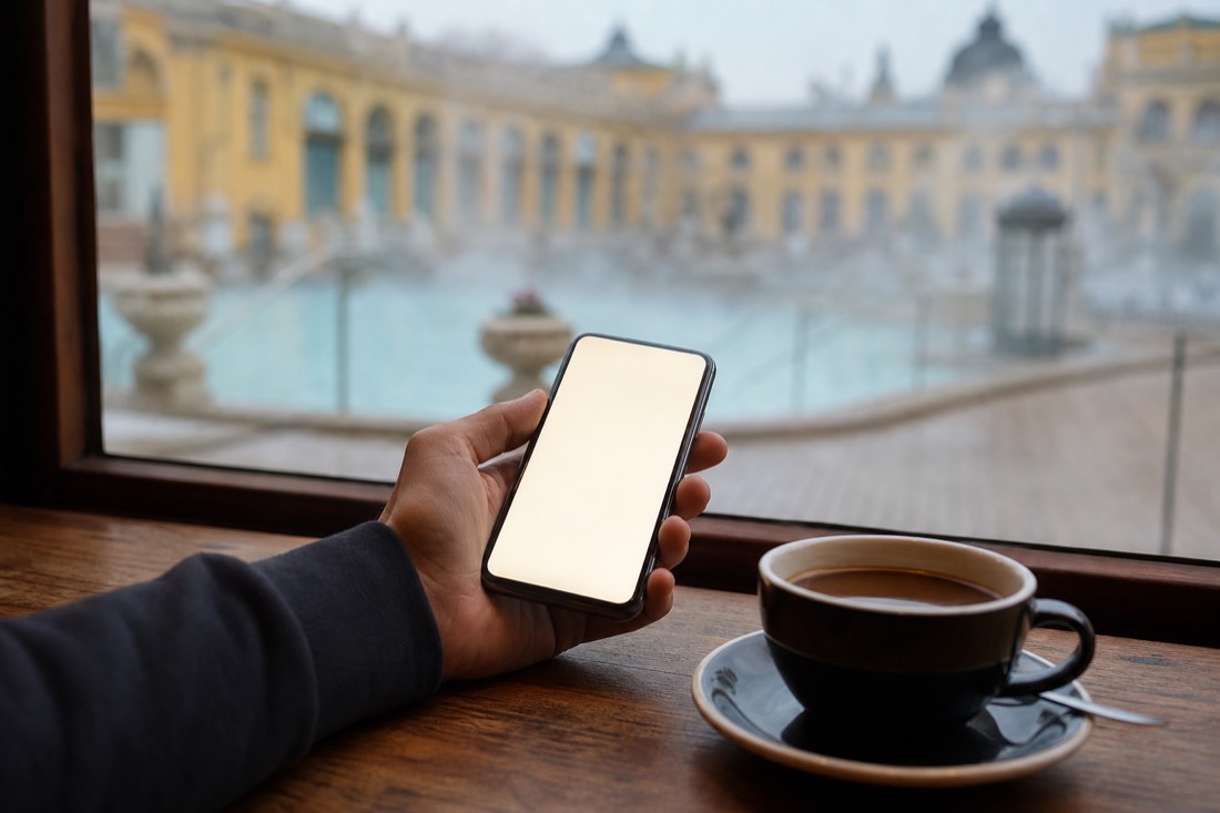 Hand holding a phone with a softly glowing blank screen at a cafe table, a steaming bath courtyard blurred beyond the window