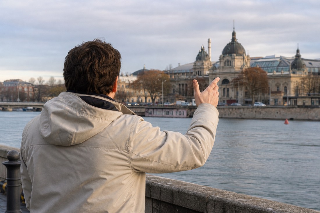 Guide gesturing toward the Danube from the Buda embankment with a historic bath dome in the distance, seen from behind