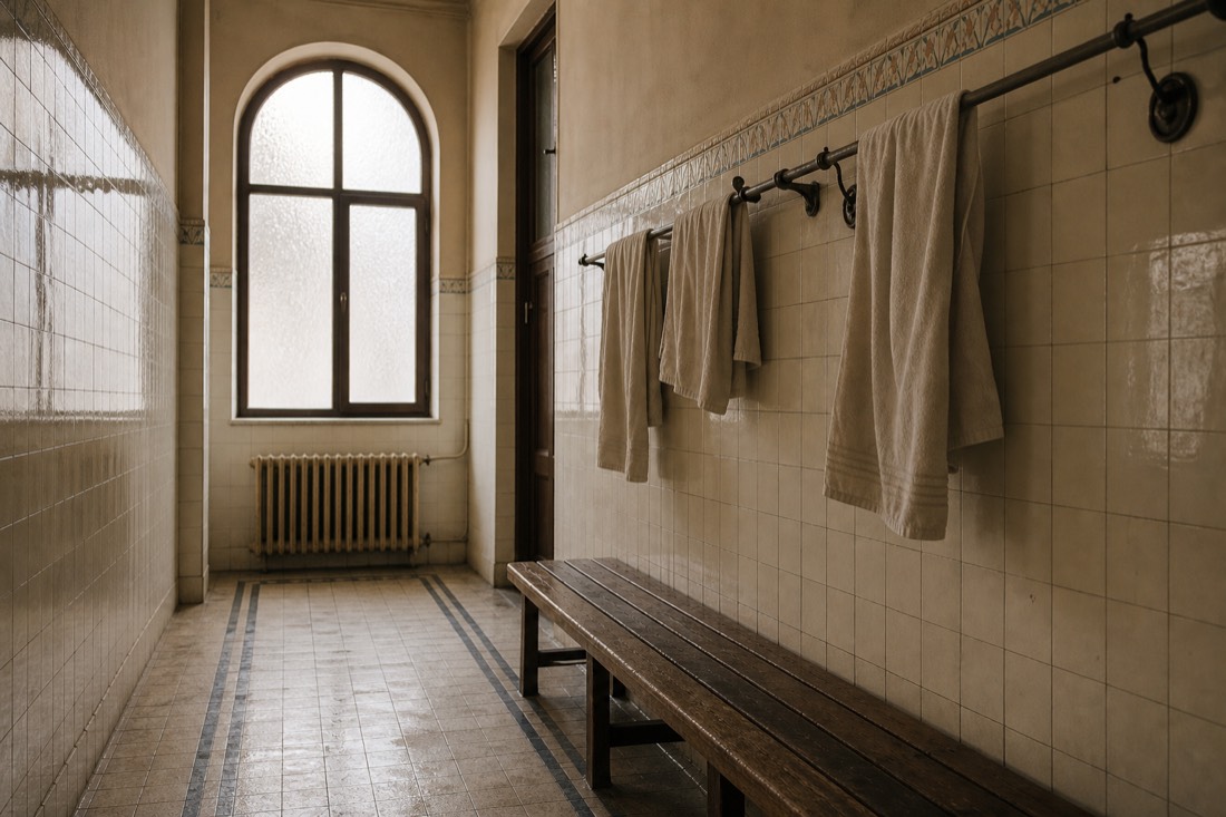 Quiet tiled corridor inside a Budapest neighbourhood bath with a wooden bench and towels drying on a rail