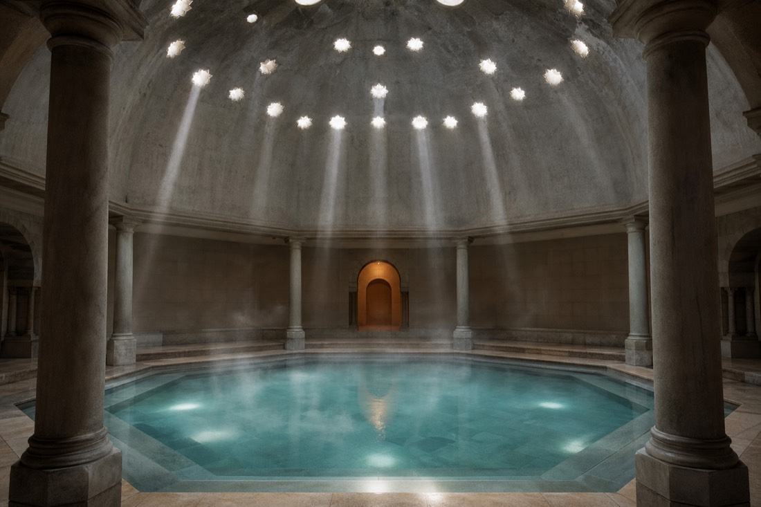 Small octagonal Ottoman thermal pool under a low stone dome in Budapest, lit by tiny openings, no bathers close to camera