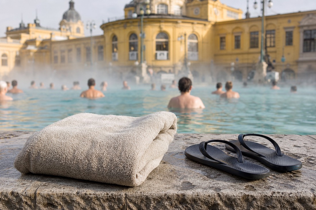 Neatly folded towel and flip-flops on the stone ledge of a steaming outdoor thermal pool with bathers beyond